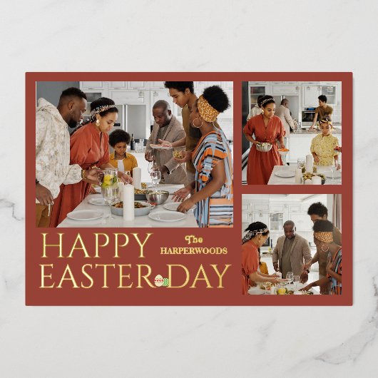 タイポグラフィエレガントイースター家族3枚の写真 箔シーズンカード (正面)