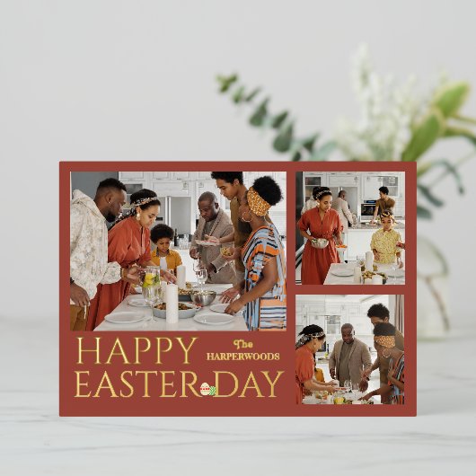 タイポグラフィエレガントイースター家族3枚の写真 箔シーズンカード (立ち正面)