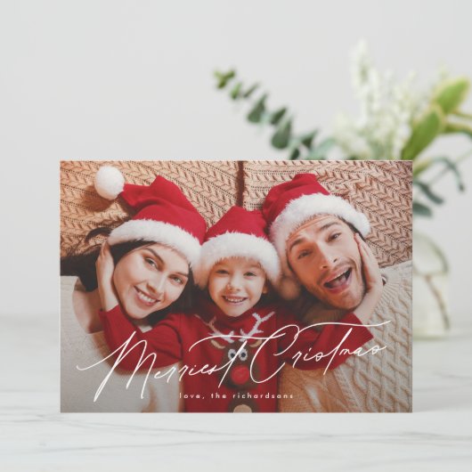 タイポグラフィエレガントファイブフォトメリークリスマス シーズンカード (スタンド正面)