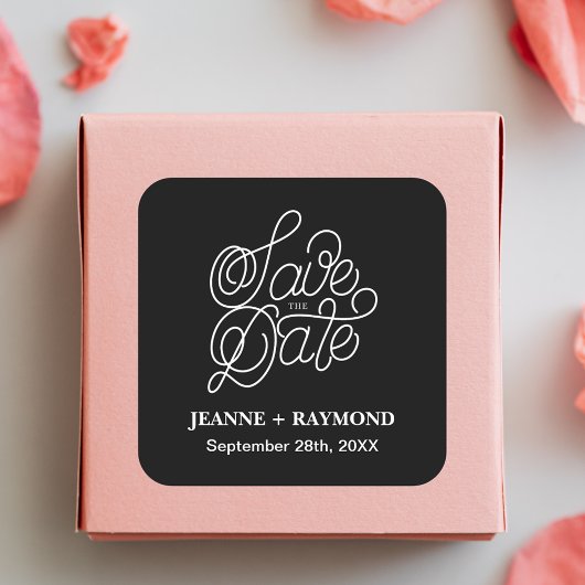 タイポグラフィエレガントブラックウェディング日付を保存 スクエアシール