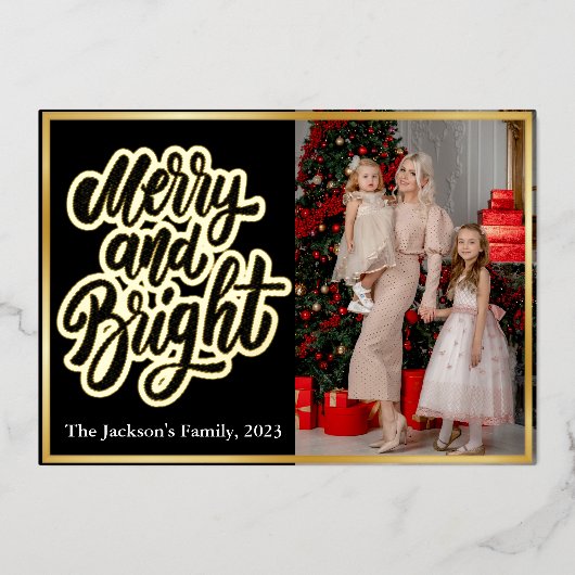 タイポグラフィエレガントプレイドメリークリスマス2写真 箔シーズンカード (正面)