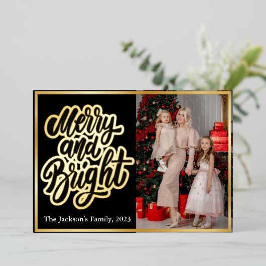 タイポグラフィエレガントプレイドメリークリスマス2写真 箔シーズンカード (立ち正面)