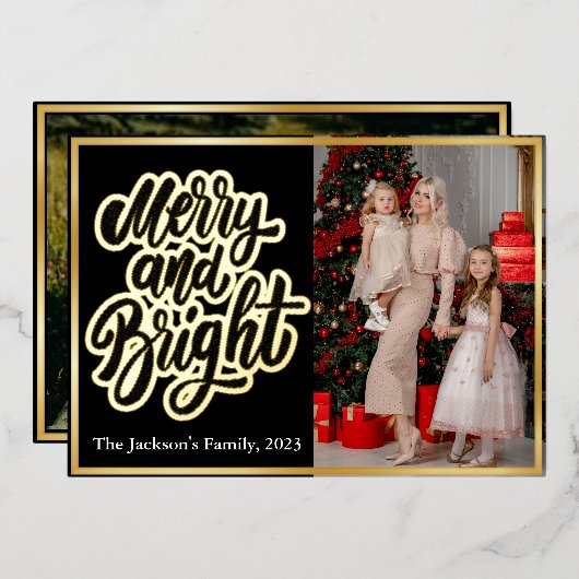 タイポグラフィエレガントプレイドメリークリスマス2写真 箔シーズンカード (正面/裏面)