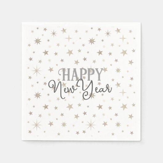 タイポグラフィエレガントホワイトグレースターズハッピーニューイヤー スタンダードカクテルナプキン (正面)