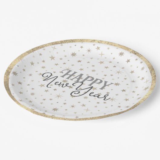 タイポグラフィエレガントホワイトグレースターズハッピーニューイヤー ペーパープレート (アングル)