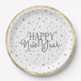タイポグラフィエレガントホワイトグレースターズハッピーニューイヤー ペーパープレート