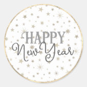 タイポグラフィエレガントホワイトグレースターズハッピーニューイヤー ラウンドシール (正面)