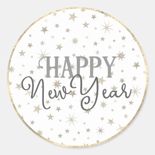 タイポグラフィエレガントホワイトグレースターズハッピーニューイヤー ラウンドシール (正面)