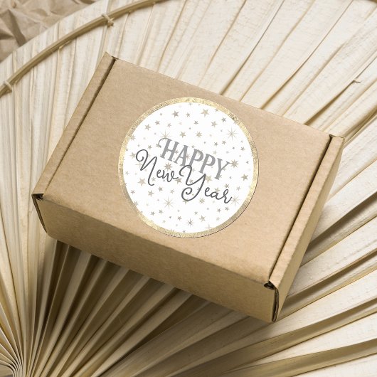 タイポグラフィエレガントホワイトグレースターズハッピーニューイヤー ラウンドシール