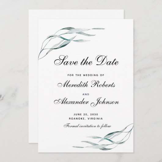 タイポグラフィエレガントユーカリ葉ス結婚ズ セーブザデート (正面/裏面)