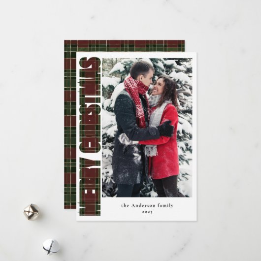 タイポグラフィエレガントレッドグリーンプレイドクリスマスフォト シーズンカード (正面/裏面インサイチュ)
