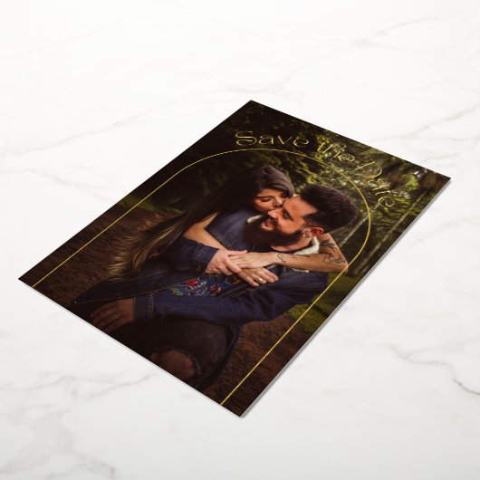 タイポグラフィエレガント金ゴールドアーチ写真日付の保存 箔招待状 (回転した状態)