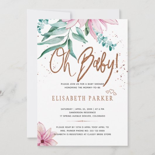 タイポグラフィオモダンベビーフローラベビーシャワー 招待状 (正面)