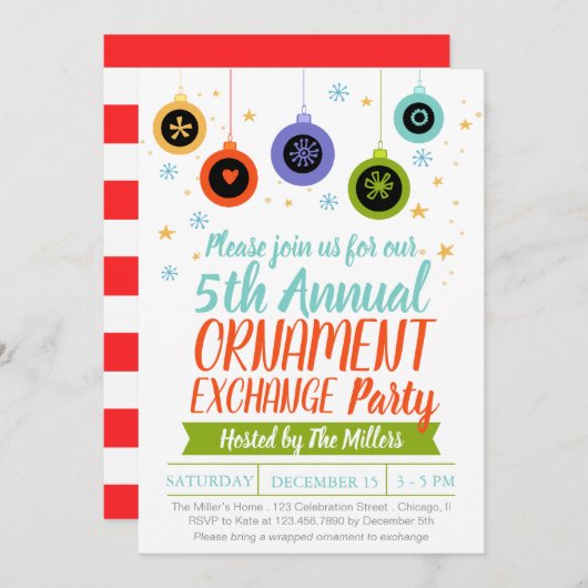 タイポグラフィオーナメント交換クリスマスパーティー 招待状 (正面/裏面)
