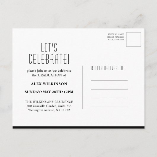 タイポグラフィガイモダンフォトミニマリスト卒業 インビテーションポストカード (裏面)