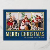 タイポグラフィクラシックフォトコラージブルークリスマス 箔シーズンカード (正面)