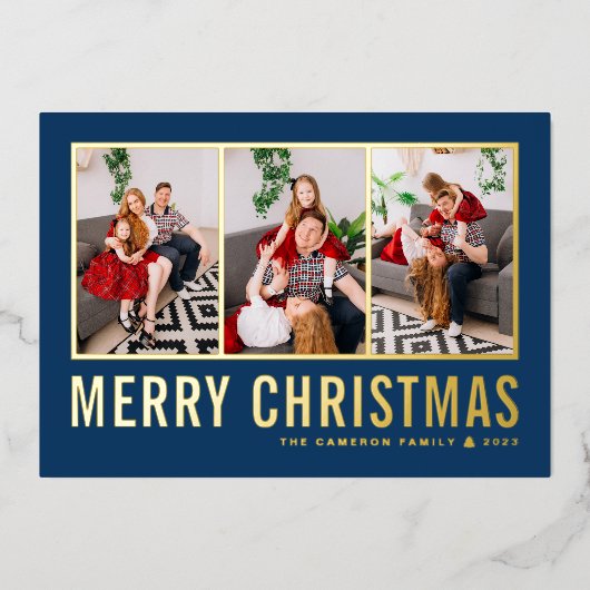 タイポグラフィクラシックフォトコラージブルークリスマス 箔シーズンカード (正面)