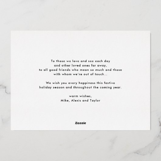 タイポグラフィクラシックフォトコラージブルークリスマス 箔シーズンカード (裏面)