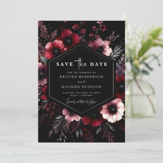 タイポグラフィクラシックブルグンディ結婚ズ セーブザデート (スタンド正面)