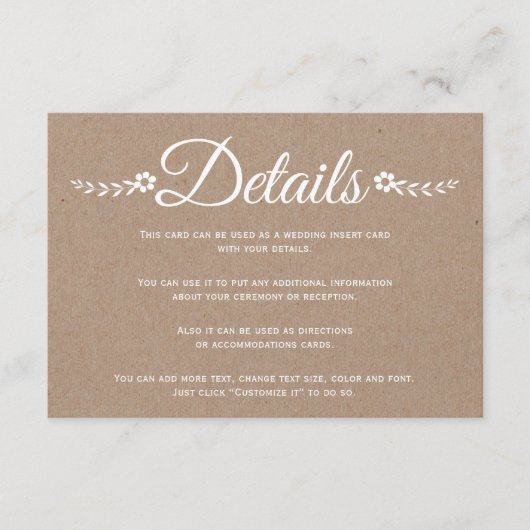 タイポグラフィクラフト紙結婚の詳細挿入 エンクロージャーカード (正面)