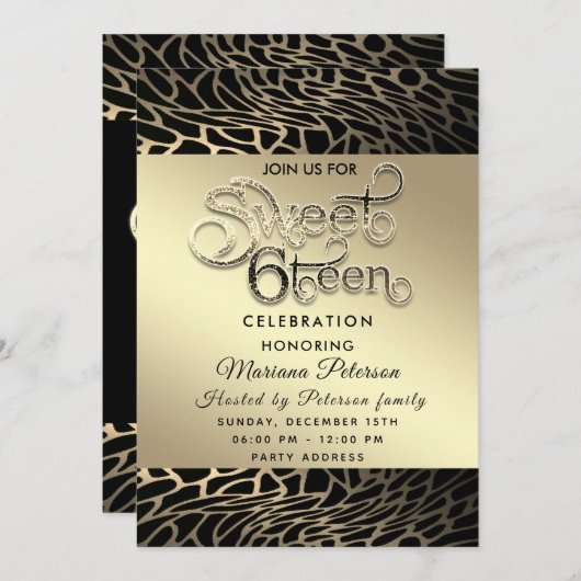 タイポグラフィクール金ゴールドブラックヒョウ甘い16 招待状 (正面/裏面)