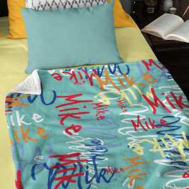 タイポグラフィグラフィティネームアロバーティール（緑がかった色）ブルー フリースブランケット