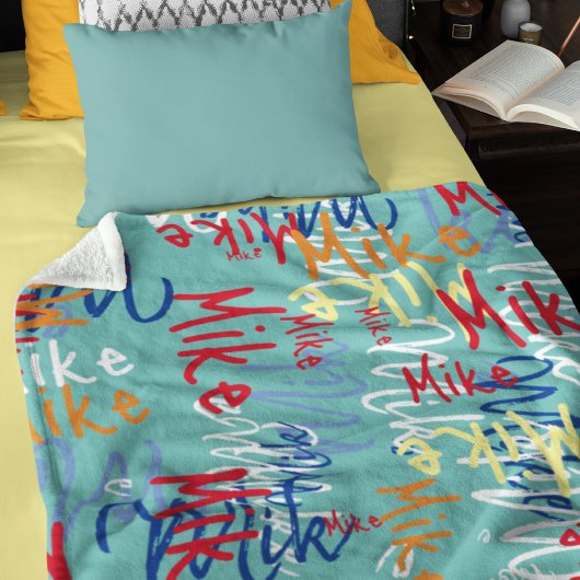 タイポグラフィグラフィティネームアロバーティール(緑がかった色)ブルー フリースブランケット