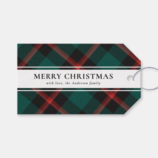 タイポグラフィシンプルグリーンバッファロープレイドクリスマスクリスマス ギフトタグ (正面(横))