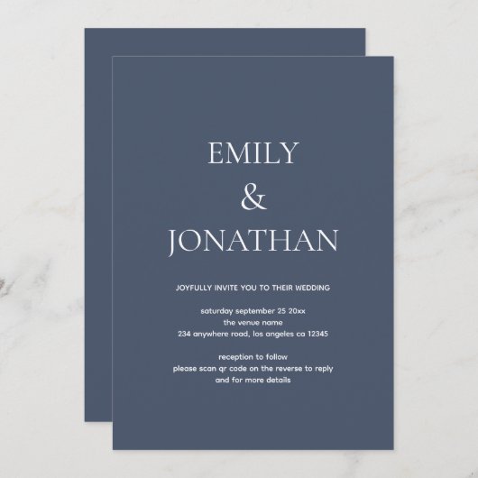 タイポグラフィシンプルダスティ海軍QRコード結婚s 招待状 (正面/裏面)