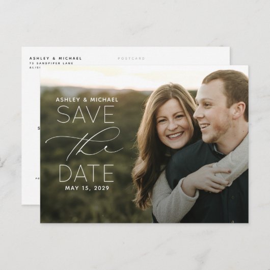 タイポグラフィシンプルフォトウェディング日付を保存 案内ポストカード (正面/裏面)