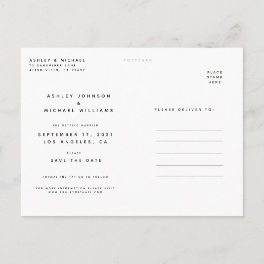 タイポグラフィシンプルフォトウェディング日付を保存 案内ポストカード (裏面)