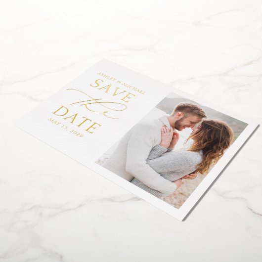 タイポグラフィシンプルフォトウェディング日付を保存 箔招待状 (回転した状態)