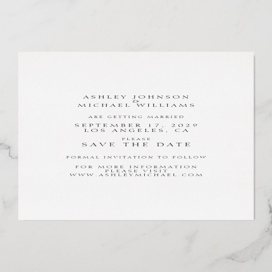 タイポグラフィシンプルフォトウェディング日付を保存 箔招待状 (裏面)