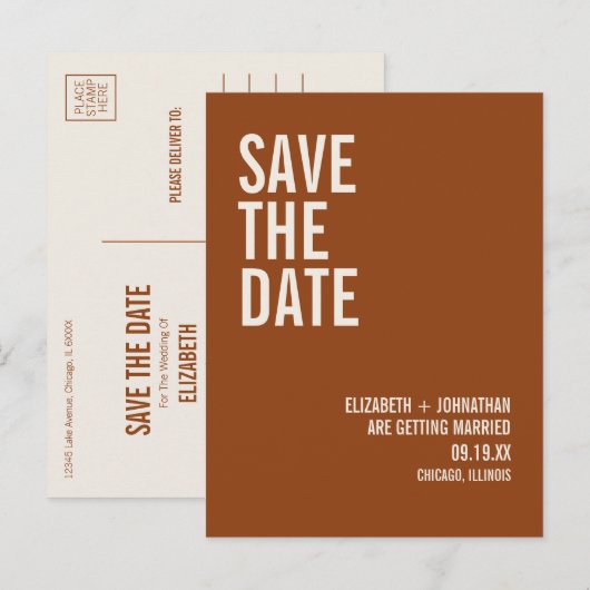 タイポグラフィシンプルボホテラコッタ日付を保存 案内ポストカード (正面/裏面)