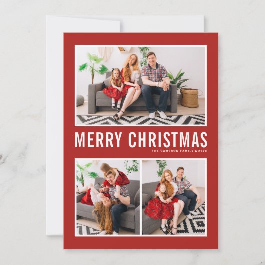 タイポグラフィシンプルレッドメリークリスマス3枚の写真 シーズンカード (正面)