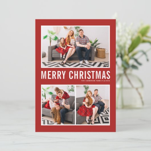 タイポグラフィシンプルレッドメリークリスマス3枚の写真 シーズンカード (スタンド正面)