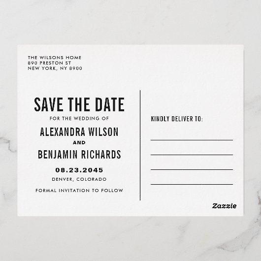 タイポグラフィシンプル写真の保存日付 箔招待状ポストカード (裏面)