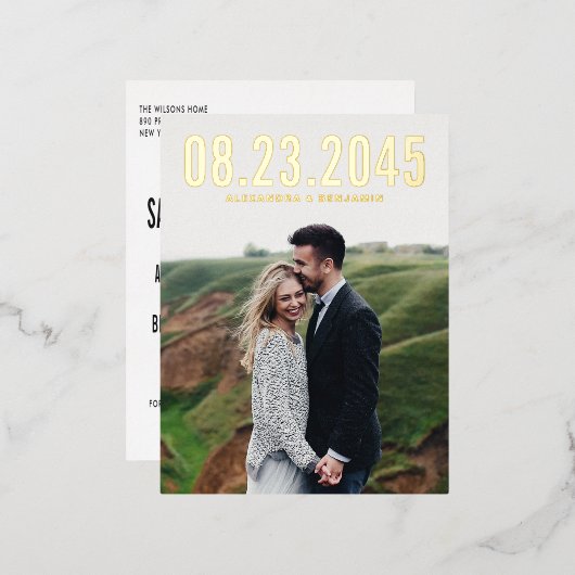 タイポグラフィシンプル写真の保存日付 箔招待状ポストカード (正面/裏面)
