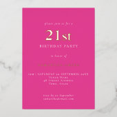 タイポグラフィシンプル21歳の誕生日ホットピンク 箔招待状 (正面)