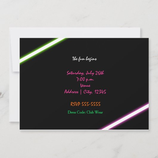 タイポグラフィスウィート16ネオングローダンスパーティー招待状 招待状 (裏面)