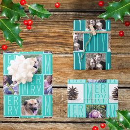 タイポグラフィスクエア写真ターコイズかわいいレトロ ラッピングペーパーシート