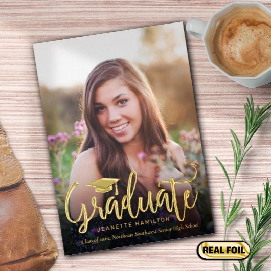 タイポグラフィスクリプトフロント/バックフォト卒業 箔招待状