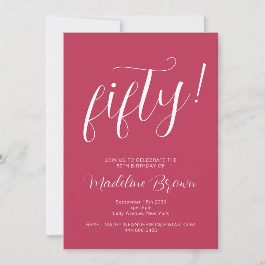 タイポグラフィスクリプトマゼンタ50誕生日 招待状 (正面)
