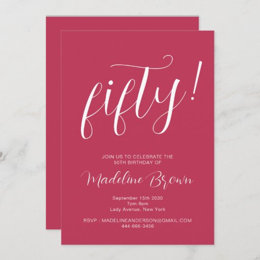 タイポグラフィスクリプトマゼンタ50誕生日 招待状 (正面/裏面)