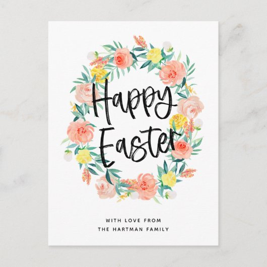 タイポグラフィスタイリッシュウォーター色フローラリースイースター シーズンポストカード (正面)