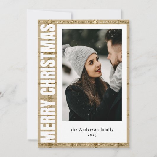 タイポグラフィスタイリッシュ金ゴールドタータンチェック格子状クリスマス シーズンカード (正面)