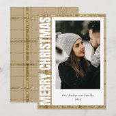 タイポグラフィスタイリッシュ金ゴールドタータンチェック格子状クリスマス シーズンカード (正面/裏面)