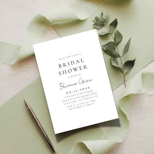 タイポグラフィスモダンクリプト白黒ブライダルシャワー 招待状