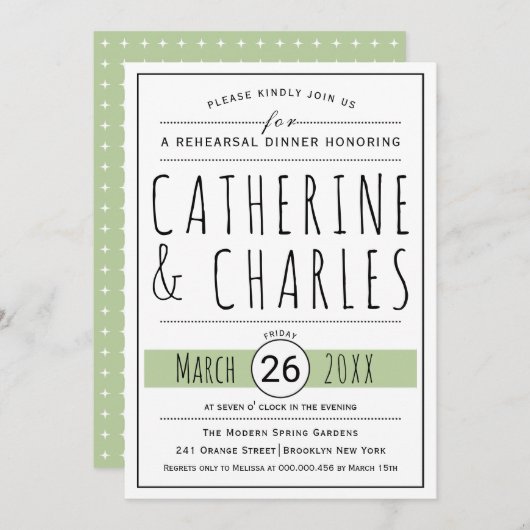 タイポグラフィセージ結婚グリーンのリハーサル 招待状 (正面/裏面)