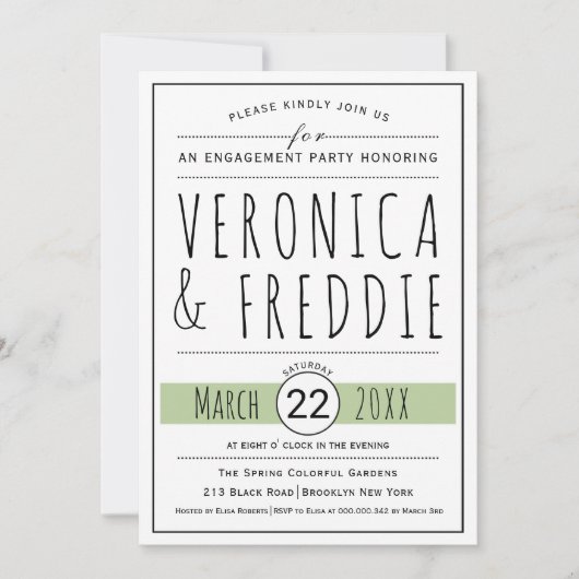 タイポグラフィセージ結婚グリーン婚約パーティ 招待状 (正面)